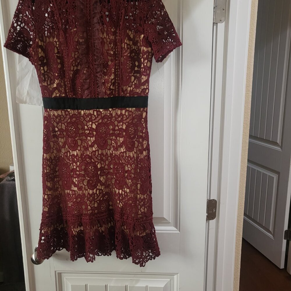 DO + BE Burgundy Wine Embroidered Lace Fit & Flare Knee-Length Cocktail Dress - Picture 3 of 6